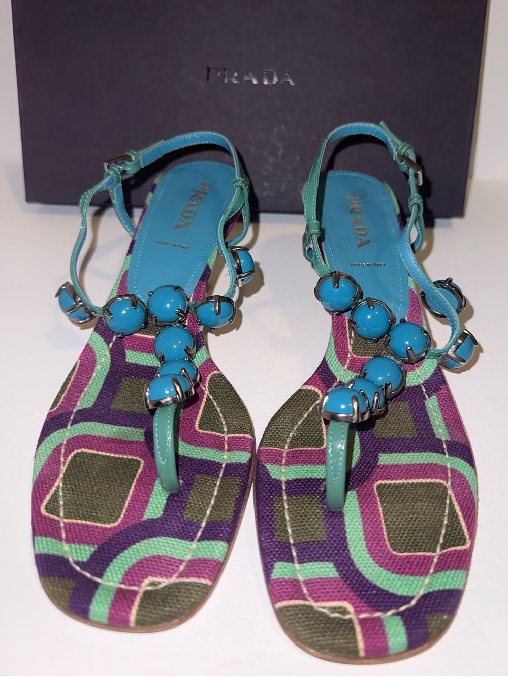 Vintage Prada T-Strap Kitten Heeled Turquoise Beaded Geometric Fabric Sandals